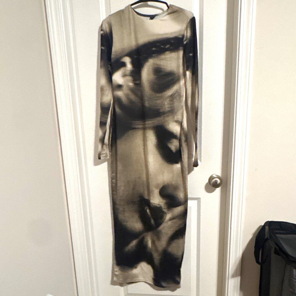 SHEIN Women’s Black Gray Tie Dye Maxi Dress Long Sleeve Crew Neck Size M